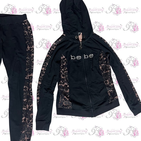 Bebe set 2 piece sweater and pants bling rhinestone diamonds black tan lace - Picture 2 of 8